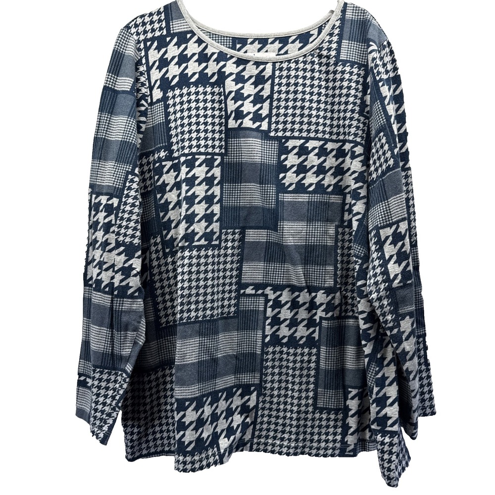 Denim & Co Womens Top 1X Plus Blue White Houndstooth Patchwork Mixed Print Knit